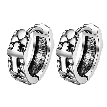 BONISKISS Cross Hollow Chain Stainless Steel Earrings Hoop Huggie Hinged Viking Runes Retro Gothic Ear Stud Men Women Unisex