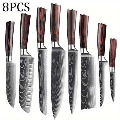 8 Pcs Kitchen Chef Knife Set High Carbon Stainless Steel Utility Knife Meat Cleaver Santoku Slicer Gyuto Vegetable Knife