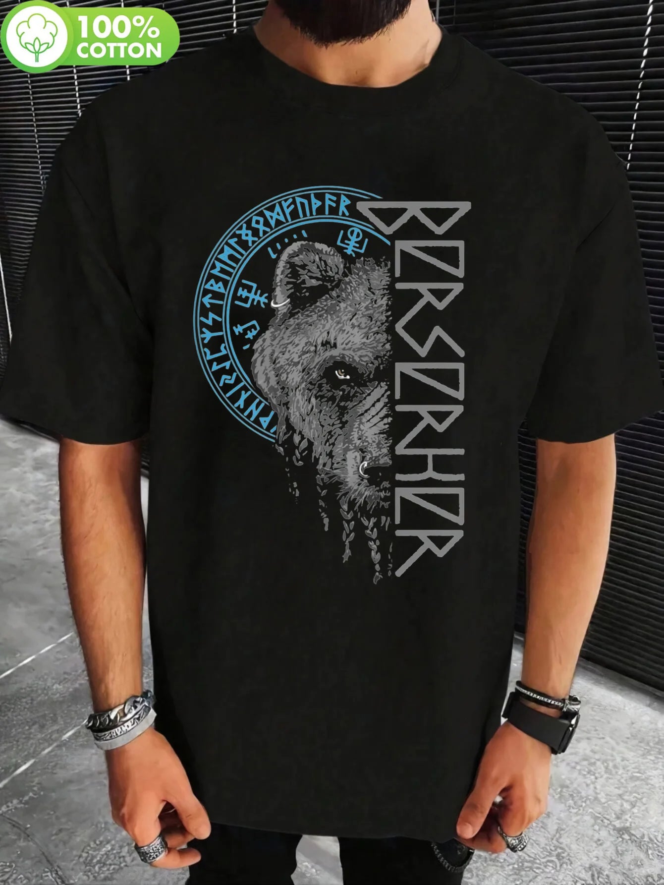 Men's Berserker Bear Warrior Odin Runes Nordic Compass Viking Graphic T-Shirt, Adventure Apparel,Statement Shirt, History Lovers