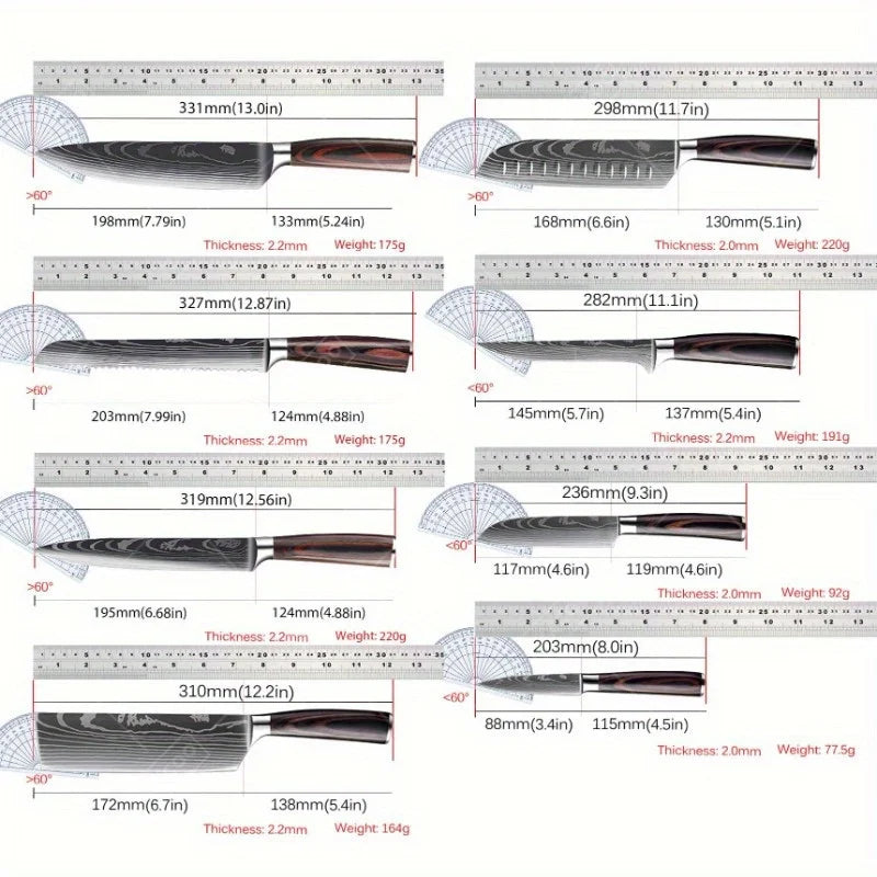 8 Pcs Kitchen Chef Knife Set High Carbon Stainless Steel Utility Knife Meat Cleaver Santoku Slicer Gyuto Vegetable Knife