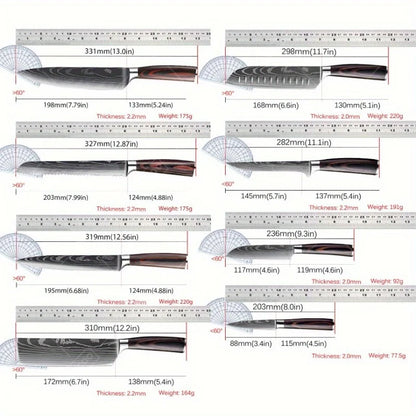 8 Pcs Kitchen Chef Knife Set High Carbon Stainless Steel Utility Knife Meat Cleaver Santoku Slicer Gyuto Vegetable Knife