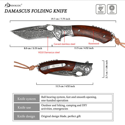 Folding Damascus Pocket Knife for Men Tactical Outdoor Camping Survival Hunting EDC Self Defense Jackknife