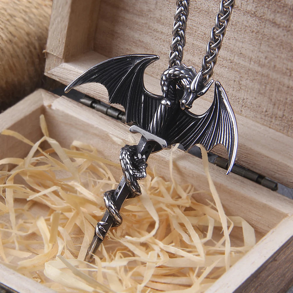 Retro Viking Pterodactyl Holy Sword Shape Pendant Necklace Men's Necklace Metal Sliding Dragon Necklace Accessorie Party Jewelry