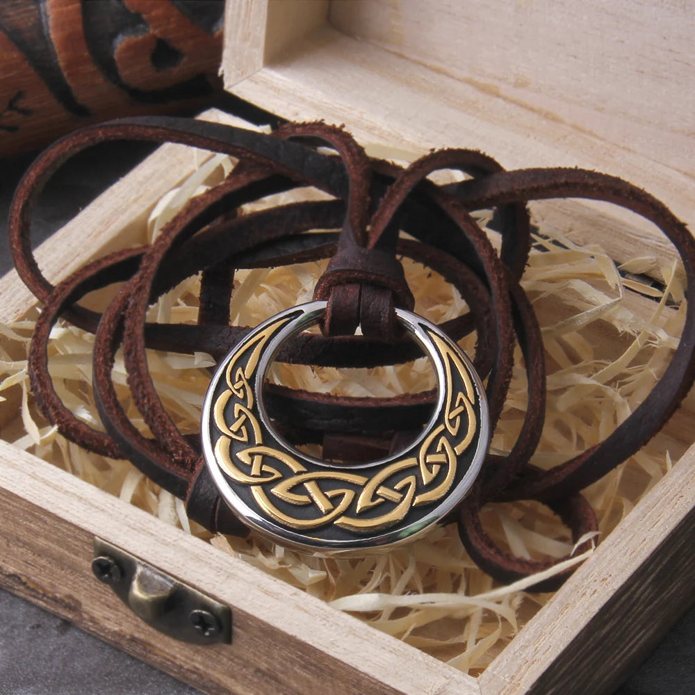 Never Fade Celtic Knot Round Pendant Necklace have adjustable leather cord chain with vikings wooden box as gift