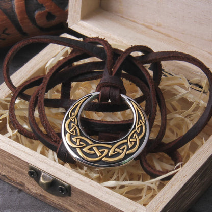 Never Fade Celtic Knot Round Pendant Necklace have adjustable leather cord chain with vikings wooden box as gift