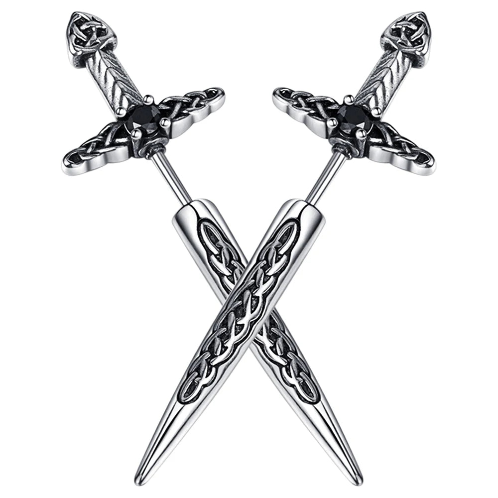 BONISKISS Men's and Women's Sword Earrings Gothic Dagger Earrings Stainless Steel Viking Zircon Tip Piercing Ring Jewelry Gift