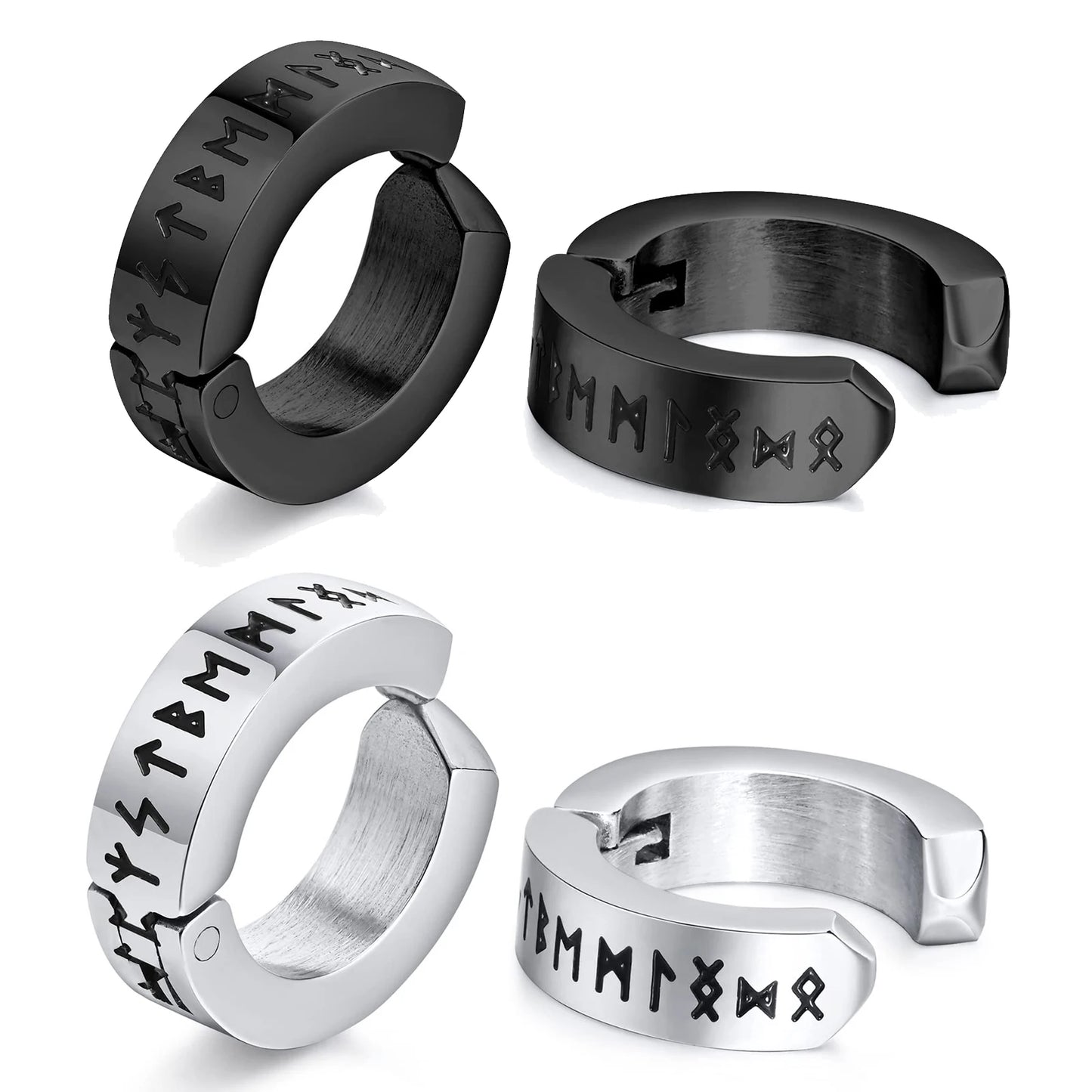 BONISKISS 2 Pairs Norse Viking Earrings Stainless Steel Nordic Elder Futhark Runes Hoop Huggie Hinged Fake Stud Men Women Unisex