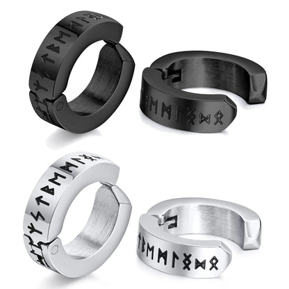 BONISKISS 2 Pairs Norse Viking Earrings Stainless Steel Nordic Elder Futhark Runes Hoop Huggie Hinged Fake Stud Men Women Unisex