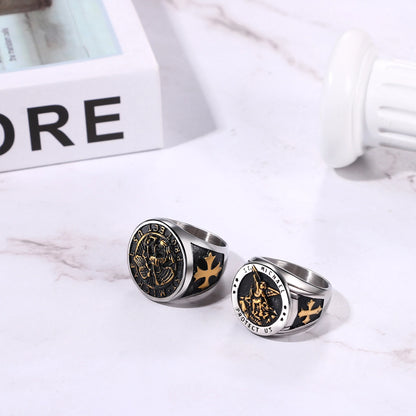 BONISKISS Men's St. Michael Ring Religious Seal Stainless Steel Ring Amulet Jewelry Gift Vintage Golden Sliver Male Fashionable
