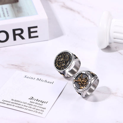 BONISKISS Men's St. Michael Ring Religious Seal Stainless Steel Ring Amulet Jewelry Gift Vintage Golden Sliver Male Fashionable
