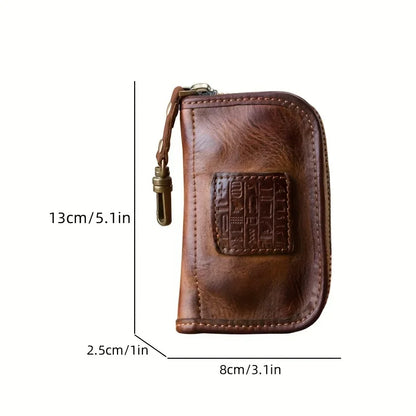 Viking Style Key Case Top Layer Cowhide Key Wallet, Large Capacity Retro Distressed Card Holder with Multi-function