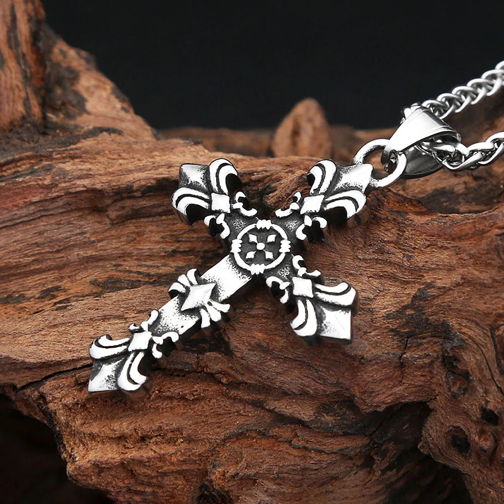 Gothic Vintage Stainless Steel Cross Pendant Necklaces For Men Women Cross Flower Necklace Party Jewelry