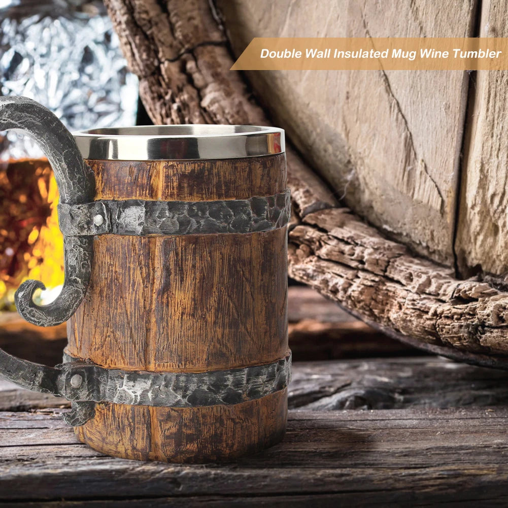 500ml Insulated Tumbler Double Wall Simulation Wood Beer Cup Creative Beverage Cup Heat Resistant for Tea Coffee Drinks