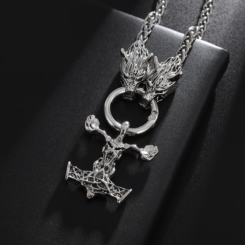 Nordic Necklace Double Wolf Head Thor's Hammer Pendant Stainless Steel