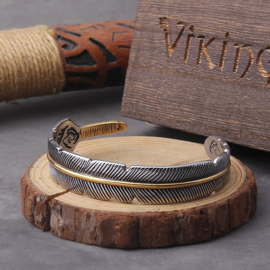 Viking Cuff  Bracelet With Ravens Feather