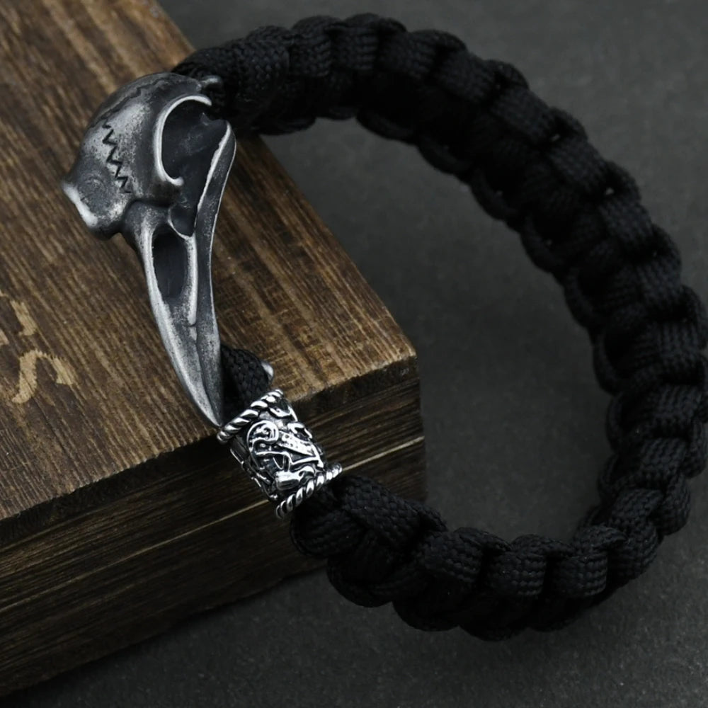 Raven Skull Rune Bead Bracelet Stainless Steel Viking