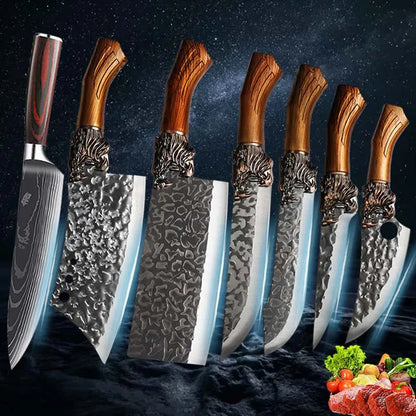 7PCS Professional Kitchen Knife Set Stainless Steel Chef Utility Boning Butcher Cleaver Paring Fish Multipurpose Cutting Tools