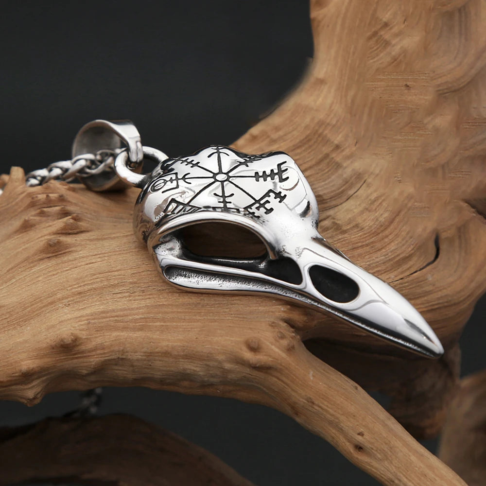 Fashion Vikings Compass Raven Head Pendant Necklace For Men Stainless Steel Nordic Animal Skull Necklaces Jewelry