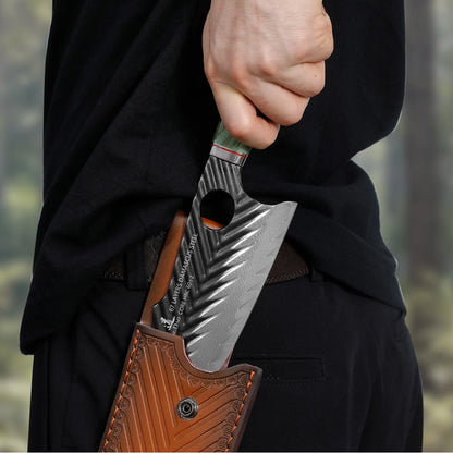 SHANGDAO Damascus Butcher Knife 7 inch, Viking Cleaver Kitchen Knives with Leather Sheath - Hand Forged Resin & Wood Handle