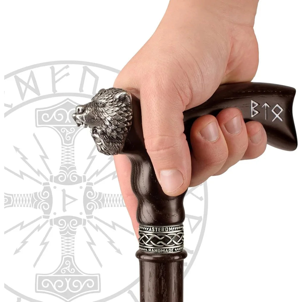 Handcrafted Viking-Inspired Walking Stick for Men - Unique Wooden Canes for Men and Seniors (Berserker Style)