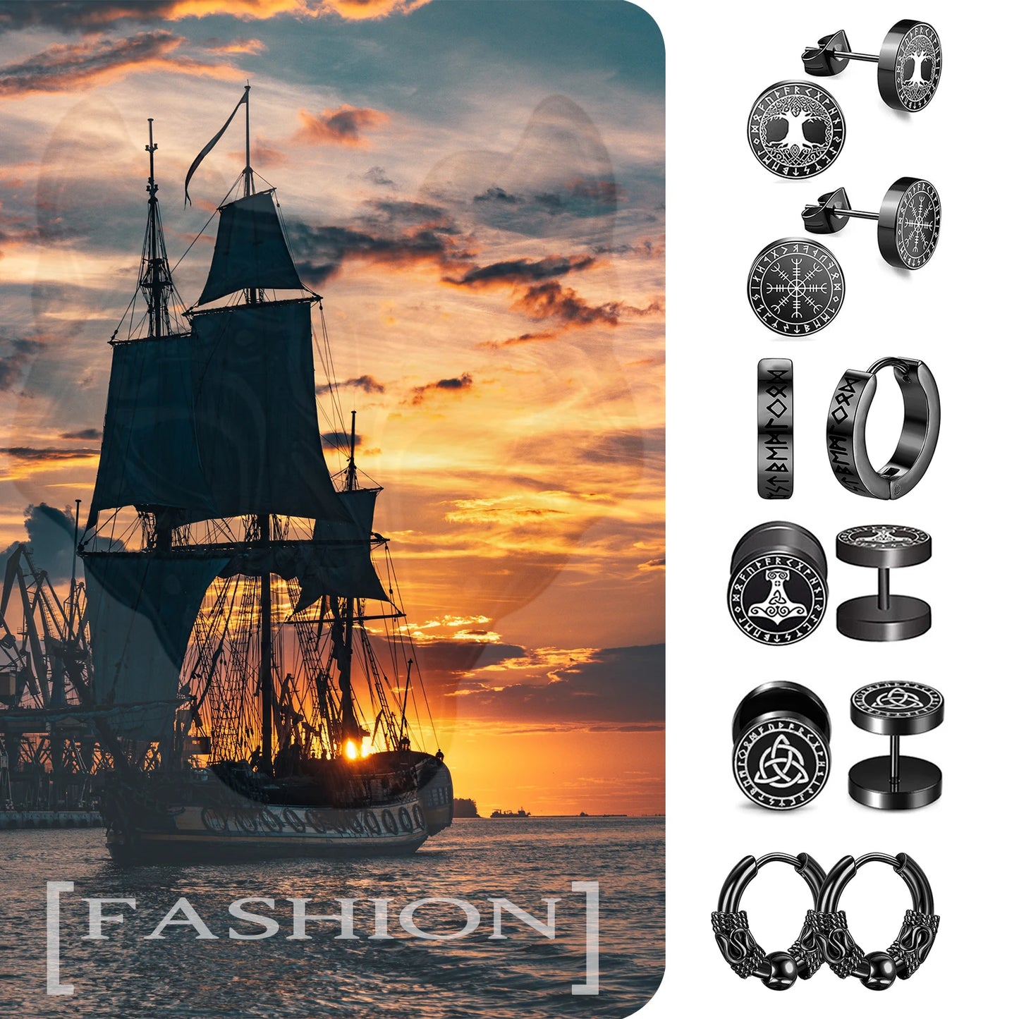 Boniskiss 6 Pairs Norse Viking Runes Hoop Earrings Stainless Steel Black Fake Plugs for Boys Men Women Piercing Ear Stud Jewelry