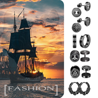 Boniskiss 6 Pairs Norse Viking Runes Hoop Earrings Stainless Steel Black Fake Plugs for Boys Men Women Piercing Ear Stud Jewelry