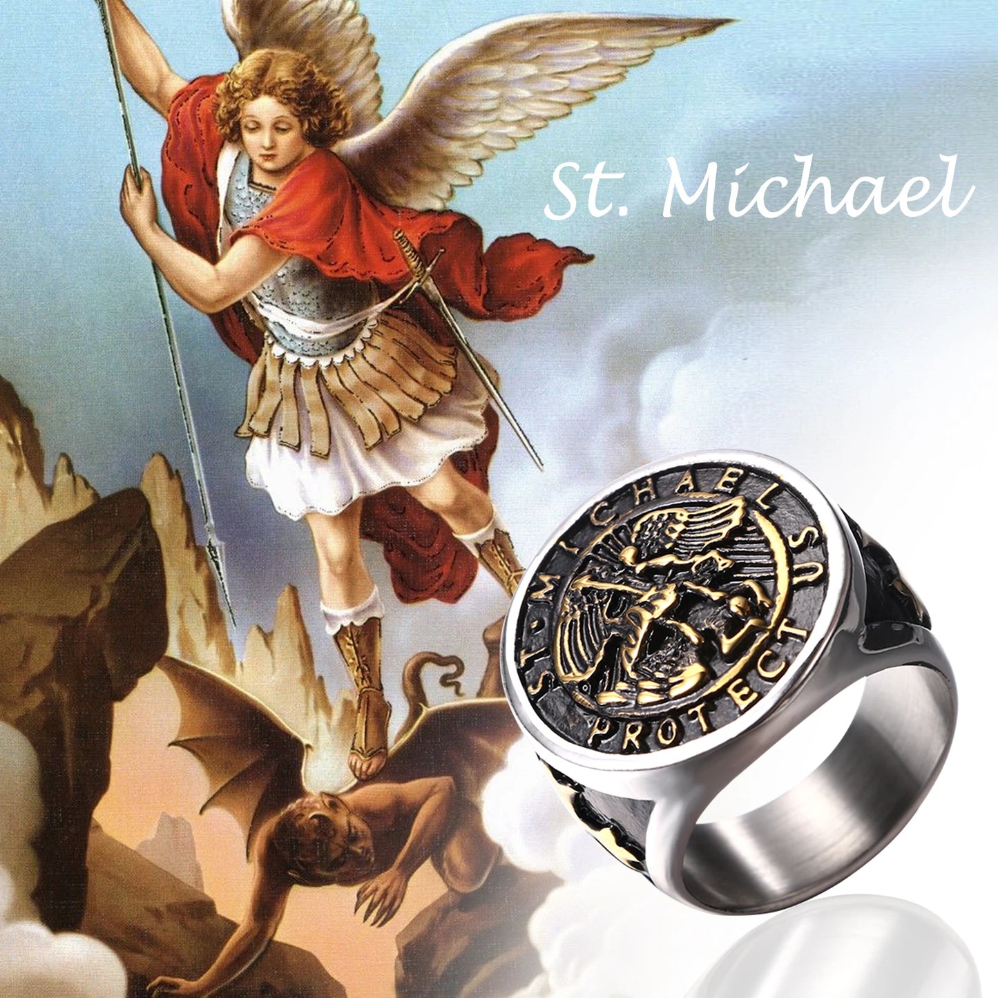 BONISKISS Men's St. Michael Ring Religious Seal Stainless Steel Ring Amulet Jewelry Gift Vintage Golden Sliver Male Fashionable