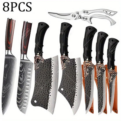 8PCS Professional Kitchen Chef Knife Set Forged Stainless Steel Utility Boning Vegetable Fish Cutting Butcher Scissor for Meat