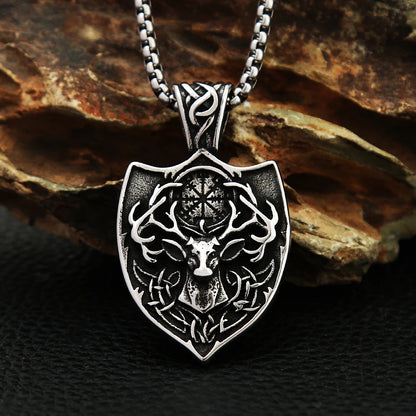 Nordic Deer Head Pendant Stainless Steel Vintage Fashion Viking Compass Necklace Men Animal Amulet Jewelry Gifts