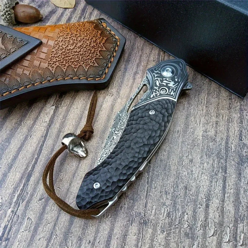 Folding Knife Damascus Steel Blade Ebony Handle Hunting Camping Survival Self-defense Tactical Combat Knives with Leather Sheath