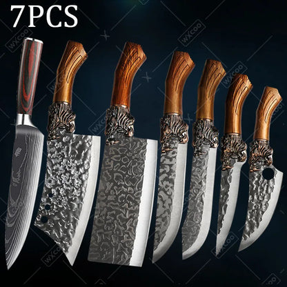 7PCS Professional Kitchen Chef Knife Set Stainless Steel Multipurpose Utility Boning Butcher Paring Cleaver Fish Meat Cutting