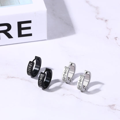 BONISKISS 2 Pairs Norse Viking Earrings Stainless Steel Nordic Elder Futhark Runes Hoop Huggie Hinged Fake Stud Men Women Unisex