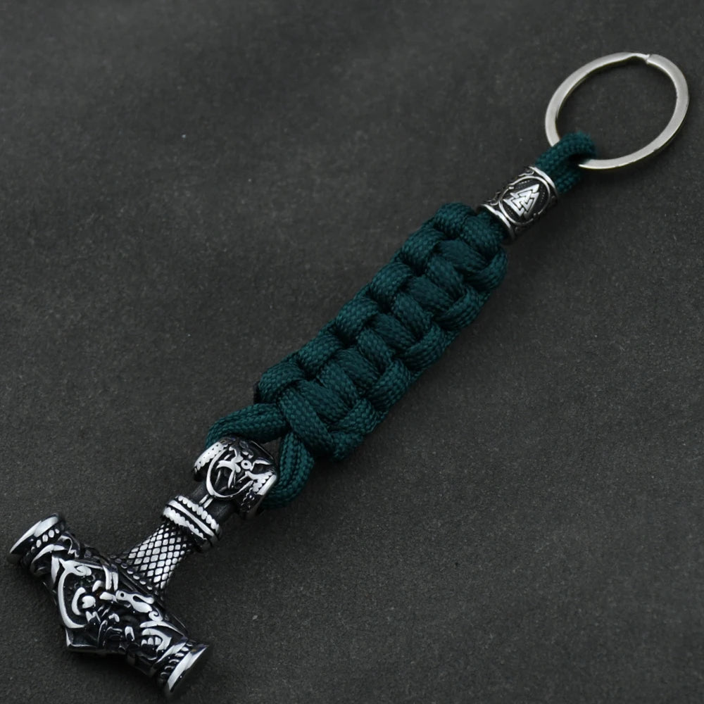 Thor's Hammer Vikings Keychain Men Charm vegvisir Rune Braided Lanyard Stainless Steel Keyring Valknut Rune Jewelry
