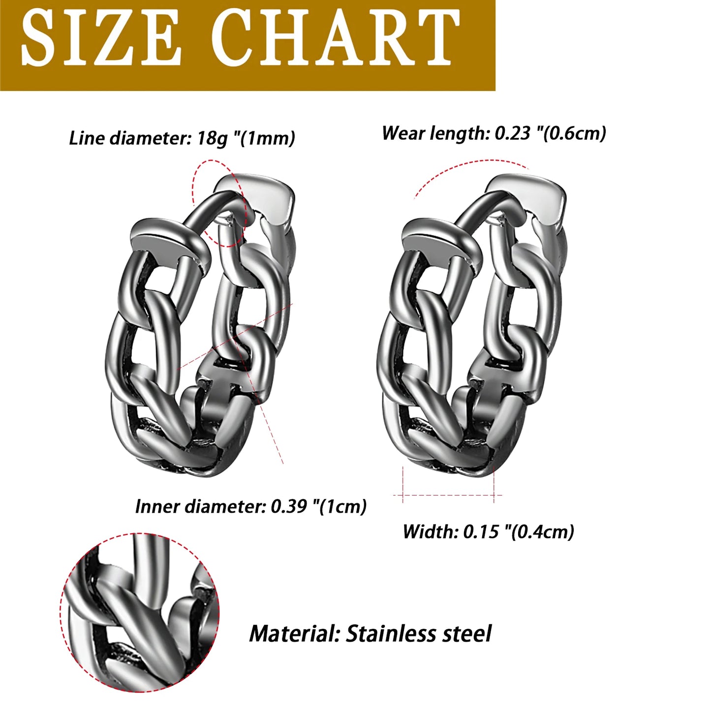 BONISKISS Cross Hollow Chain Stainless Steel Earrings Hoop Huggie Hinged Viking Runes Retro Gothic Ear Stud Men Women Unisex