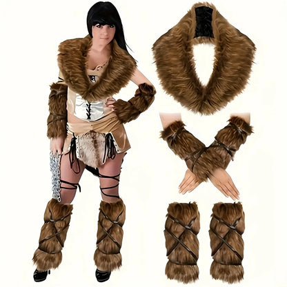 5-Piece Carnival Viking Luxury Imitation Fur Accessories Set - Collar, Legs and Hand Warmer, Halloween Costume, Role-Playing Activities