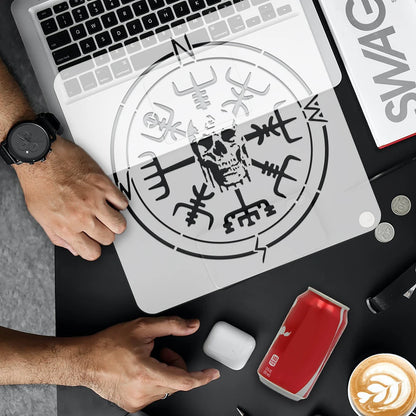 1pc Viking Compass Painting Stencil 11.8x11.8 inch Skull Compass Stencil for Painting ReusableTheme Motifs Plastic Stencil