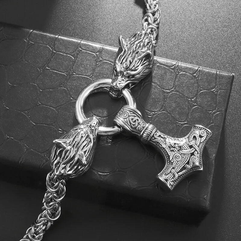 Nordic Necklace Double Wolf Head Thor's Hammer Pendant Stainless Steel