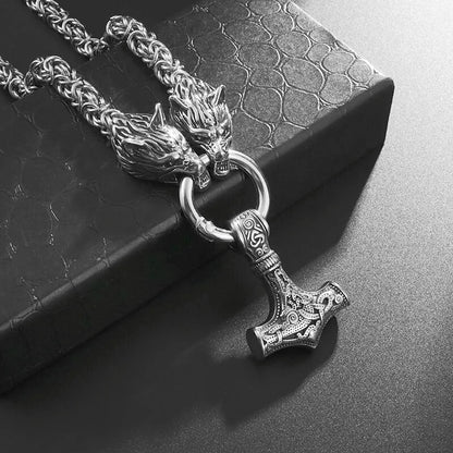 Nordic Necklace Double Wolf Head Thor's Hammer Pendant Stainless Steel