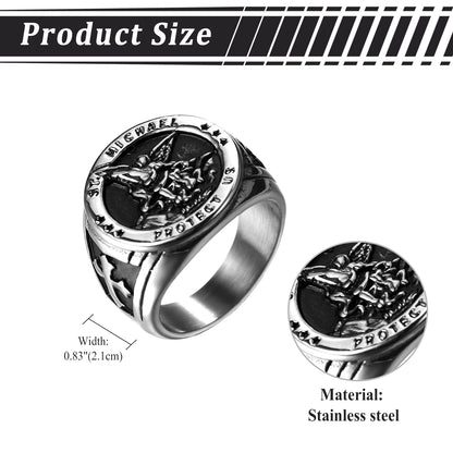 BONISKISS Men's St. Michael Ring Religious Seal Stainless Steel Ring Amulet Jewelry Gift Vintage Golden Sliver Male Fashionable