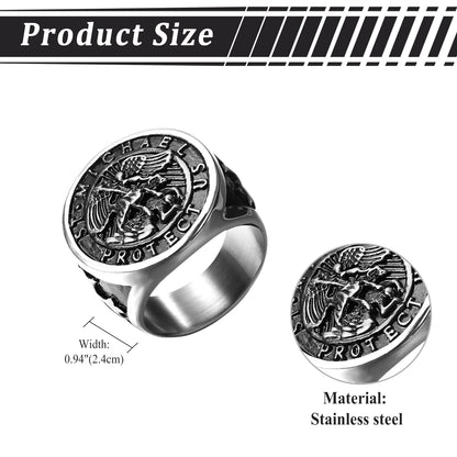 BONISKISS Men's St. Michael Ring Religious Seal Stainless Steel Ring Amulet Jewelry Gift Vintage Golden Sliver Male Fashionable