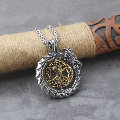 Never Fade Gold plated rotating life tree in Amulet ouroboros Pendant Necklace with vikings wood box