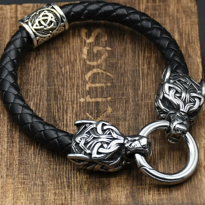 Stainless Steel Wolf Head Bracelets For Women men Viking Rune beads Leather Bracelet Jewelry