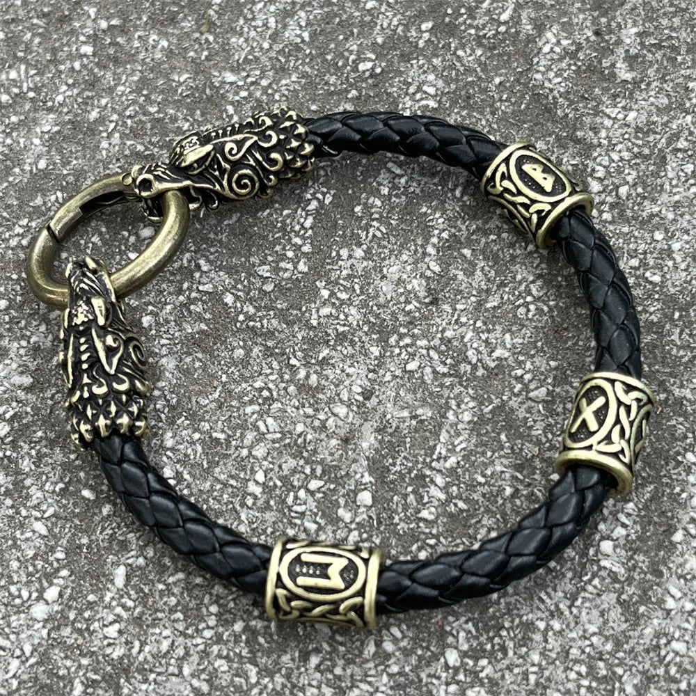 Viking Dragon Heads Nordic Runes Beads Leather Bracelet