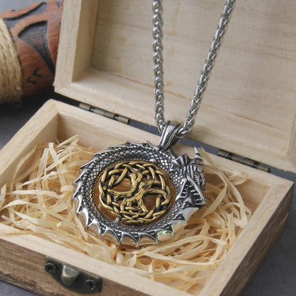Never Fade Gold plated rotating life tree in Amulet ouroboros Pendant Necklace with vikings wood box