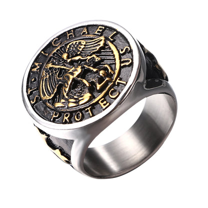 BONISKISS Men's St. Michael Ring Religious Seal Stainless Steel Ring Amulet Jewelry Gift Vintage Golden Sliver Male Fashionable