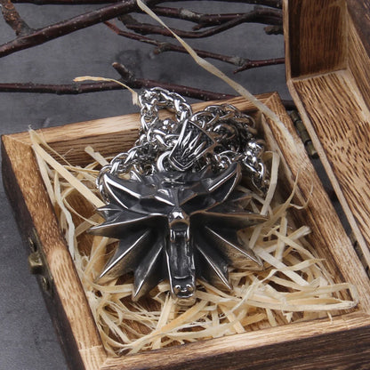 Stainless Steel Viking jewelry Wizard 3 Wild Hunt Game pendant necklace Geralt wolf head necklace with wooden box