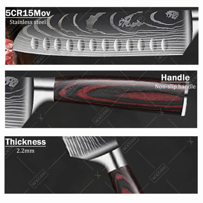 9 Pcs Kitchen Chef Knife Set High Carbon Stainless Steel Damascus Chef Knife Boning Knife Cleaver Santoku Slicer Vegetable