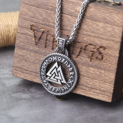 Never Fade The Valknut Viking Runes Necklace Pendant Scandinavian Norse Vikings Charms with wooden box as men gift