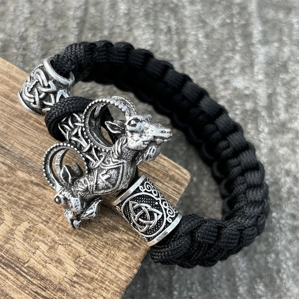 Norse Odin Goat Thor Hammer Mjolnir Runes Beads Paracord Viking Bracelet