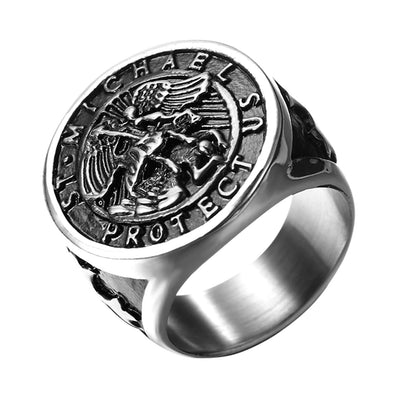 BONISKISS Men's St. Michael Ring Religious Seal Stainless Steel Ring Amulet Jewelry Gift Vintage Golden Sliver Male Fashionable
